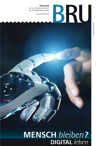 Titelseite BRU-71-2019_Digital leben Roboterhand und menschliche Hand